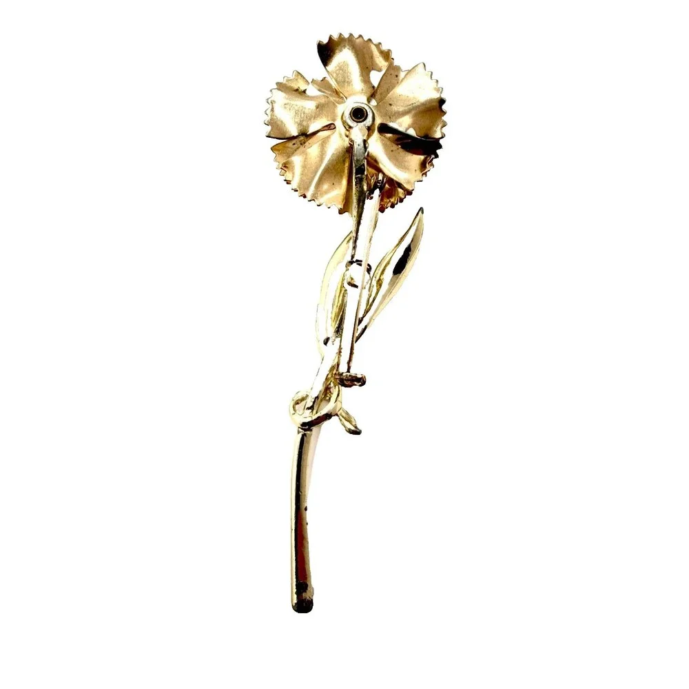 Vintage 60s Enamel Flower Brooch Long Stem Gold Tone White Floral Pin Rhinestone